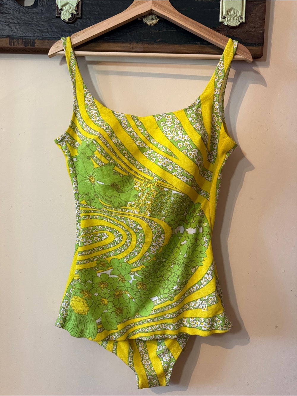 Vintage Nina Ricci Paris Mod Chartreuse Psychedelic Floral Bullet Bra Swimsuit